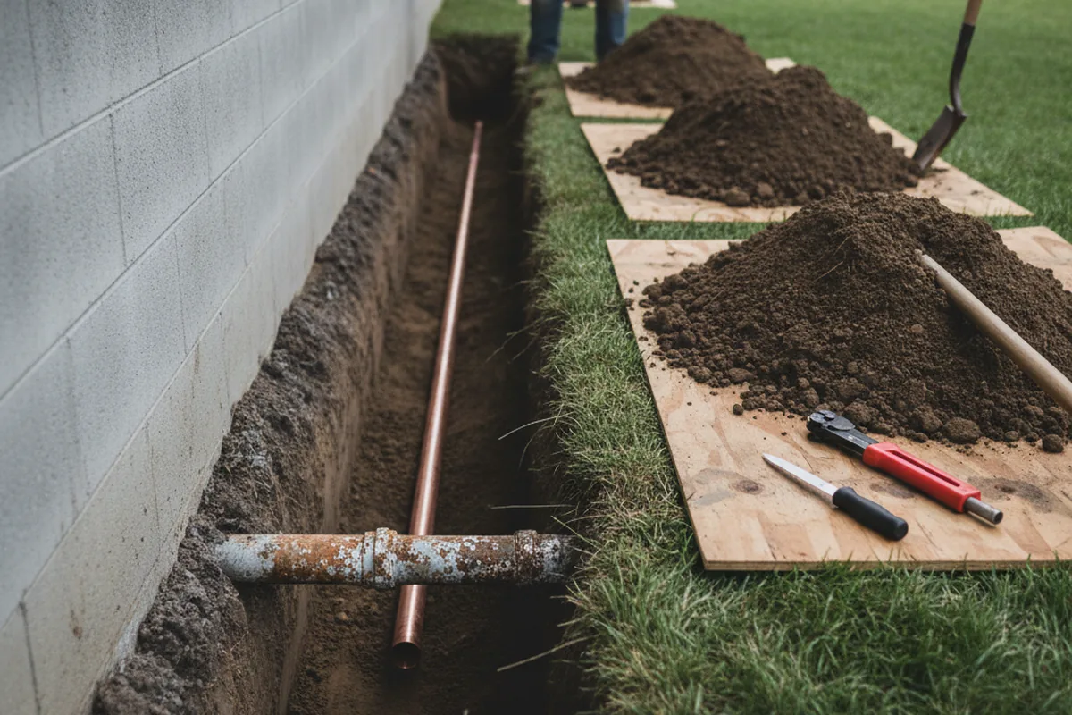 Excavated water line trench during Sewer Line Repair in Erieville